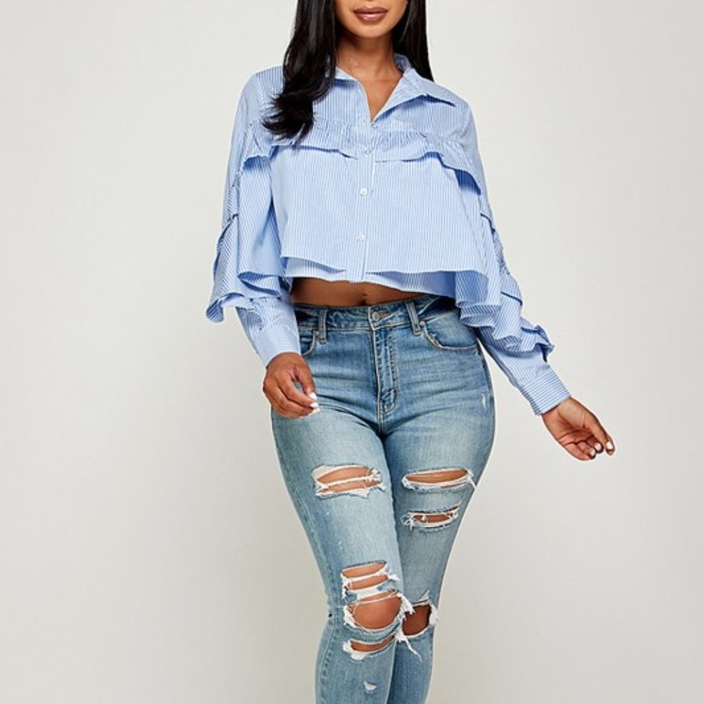 Striped Ruffle Sleeve Button Down Crop Top - Picture 3 of 3
